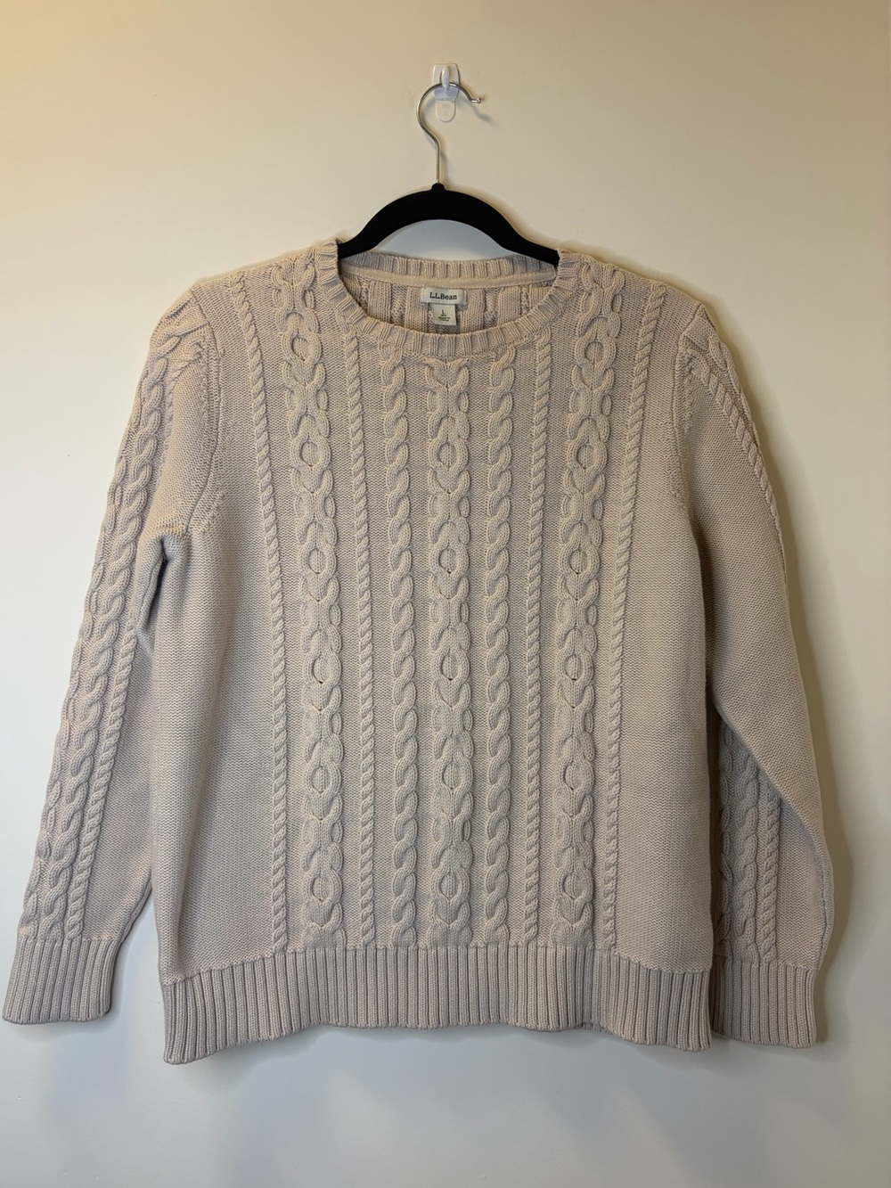 L.L.Bean Cream Cable Knit Crewneck Sweater Size Large 100% Cotton Fisherman Y2K